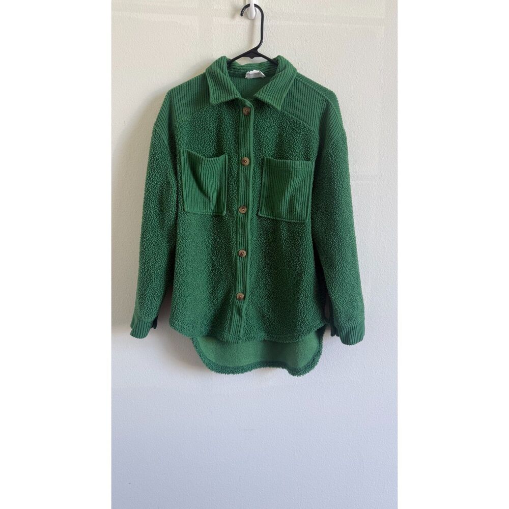 For The Republic Womens Small Green Sherpa Fleece Shacket Button Up Jacket